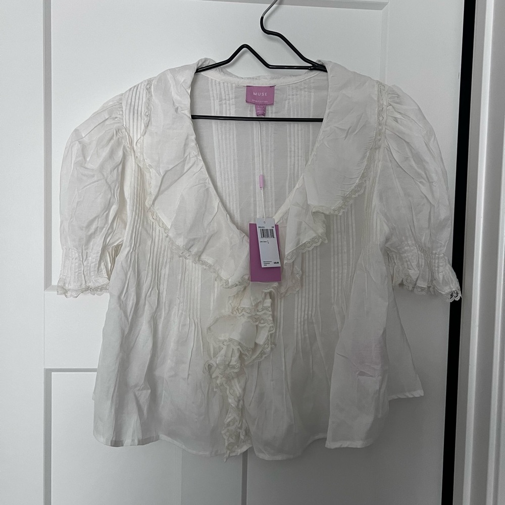 Muse Cream Ruffled V-Neck Puff Sleeve Blouse
